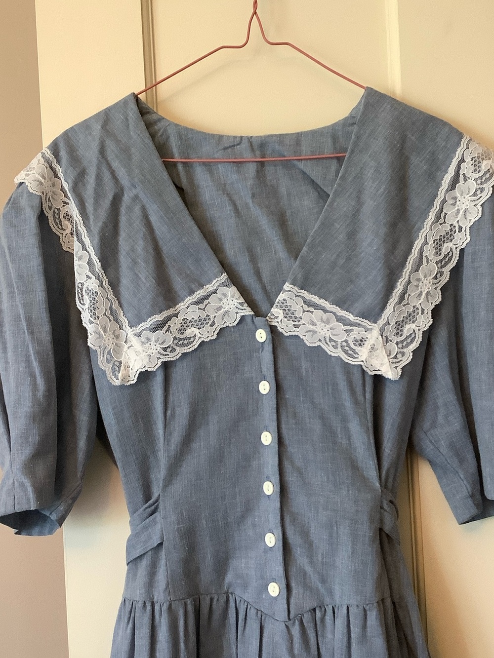 Vintage Prairie Blue Lace Collar Women's Dress - Picture 3 of 10